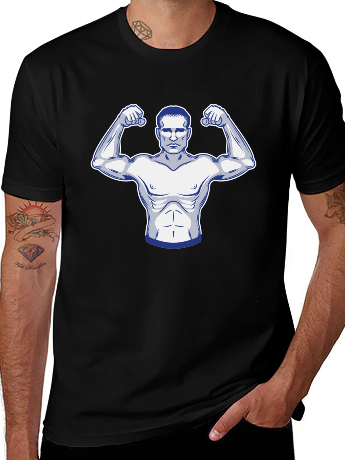 Black Graphic T-Shirt: Muscular Man Design