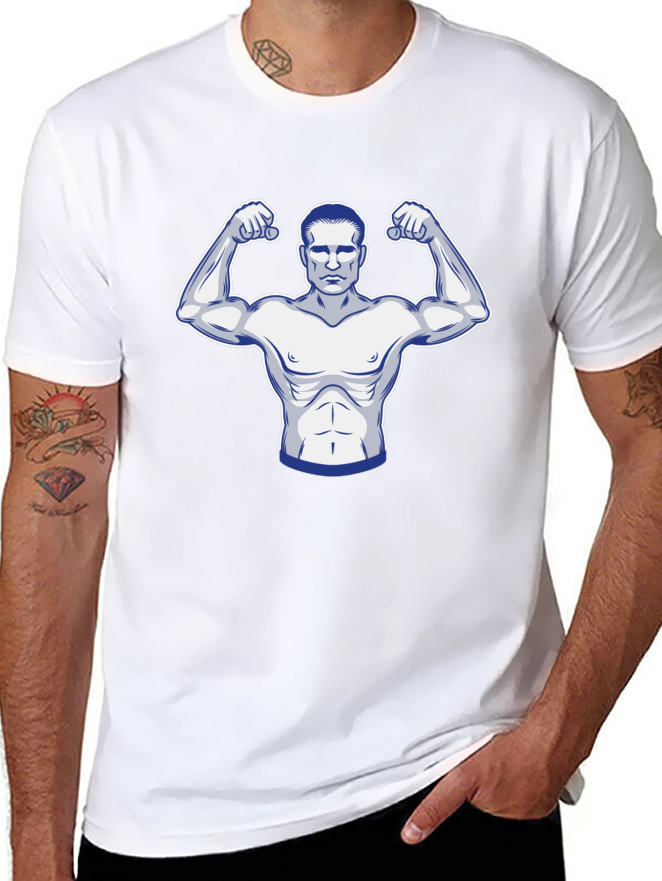 Black Graphic T-Shirt: Muscular Man Design
