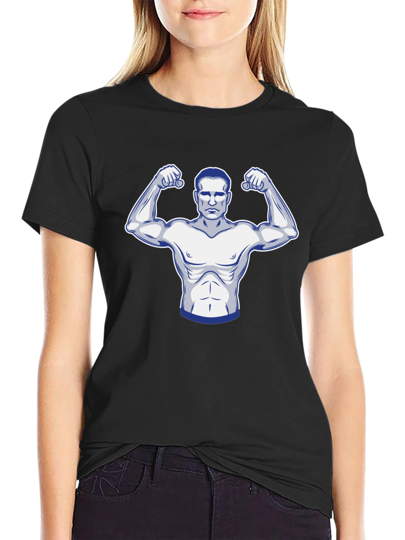 Black Graphic T-Shirt: Muscular Man Design