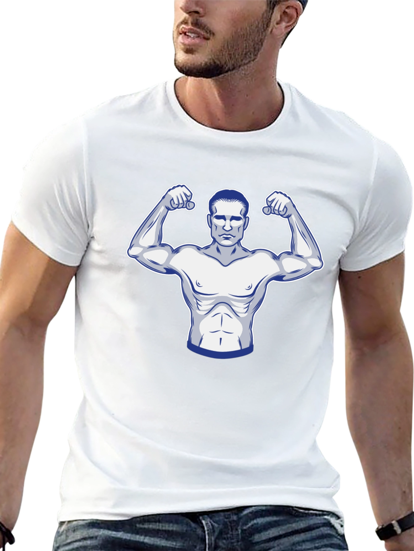 Black Graphic T-Shirt: Muscular Man Design