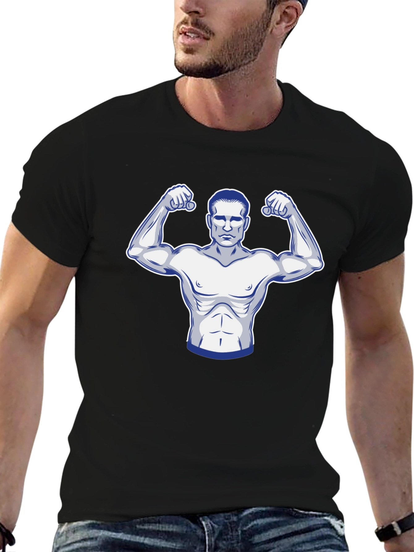 Black Graphic T-Shirt: Muscular Man Design
