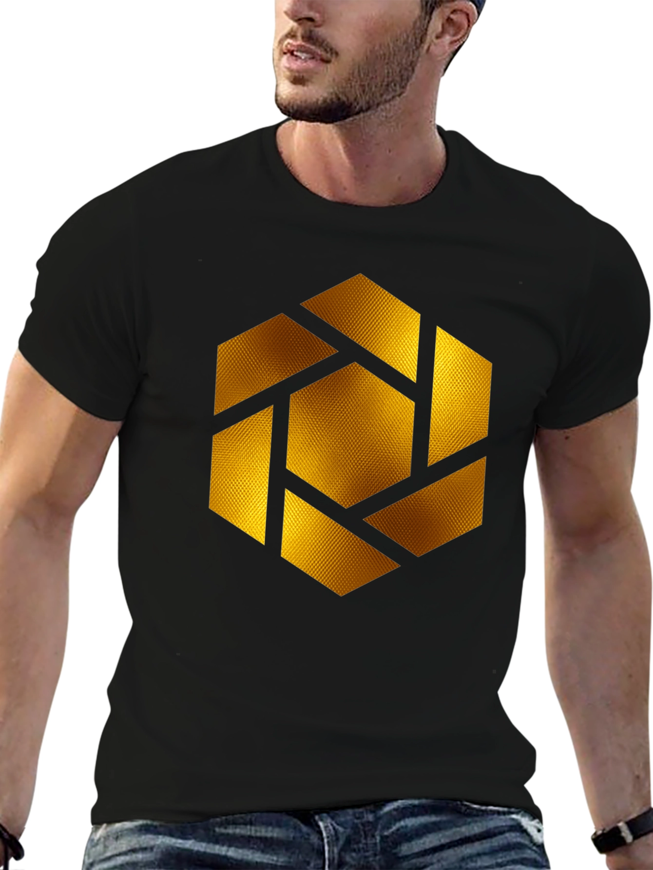 Geometric Gold Shutter Graphic Black T-Shirt