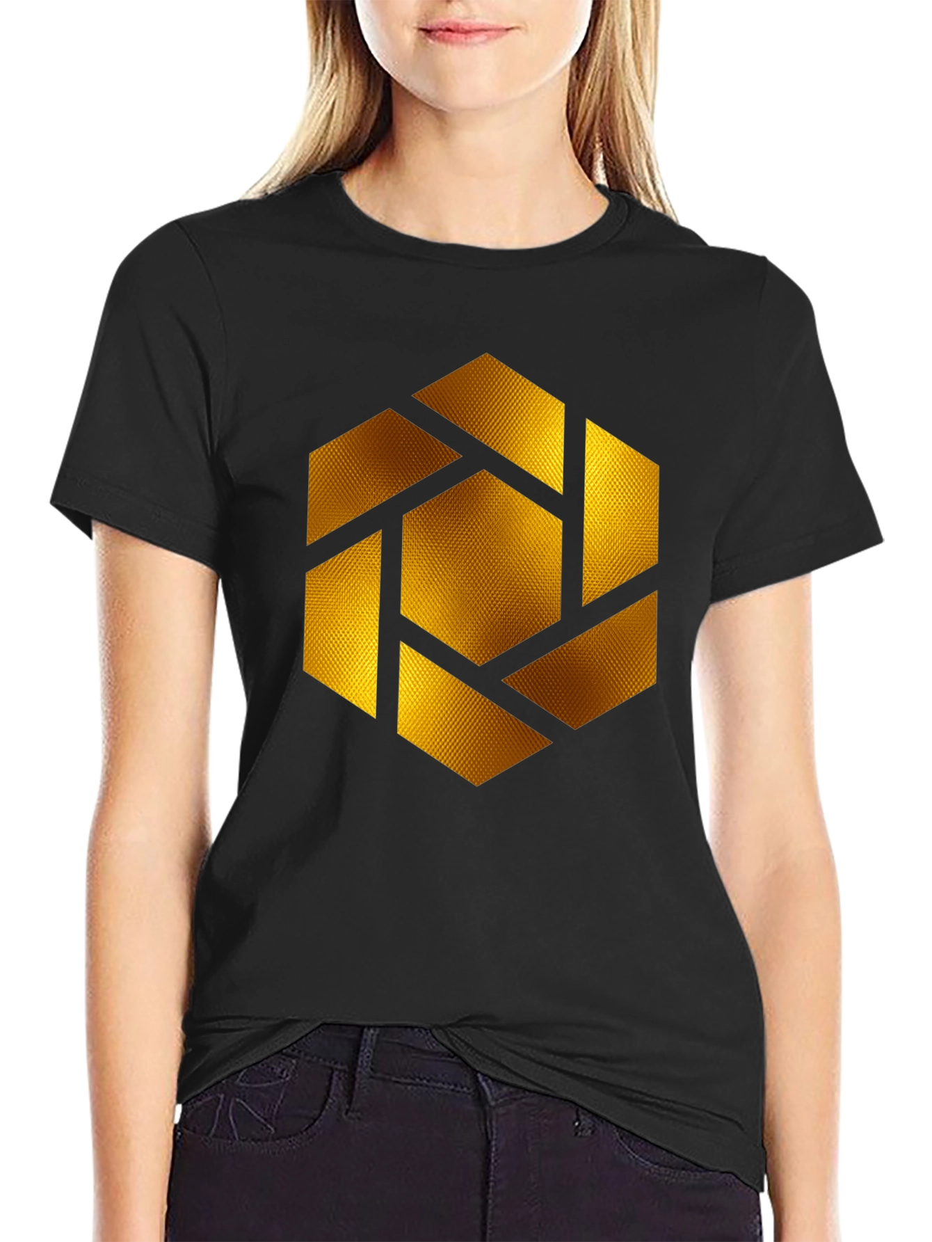 Geometric Gold Shutter Graphic Black T-Shirt