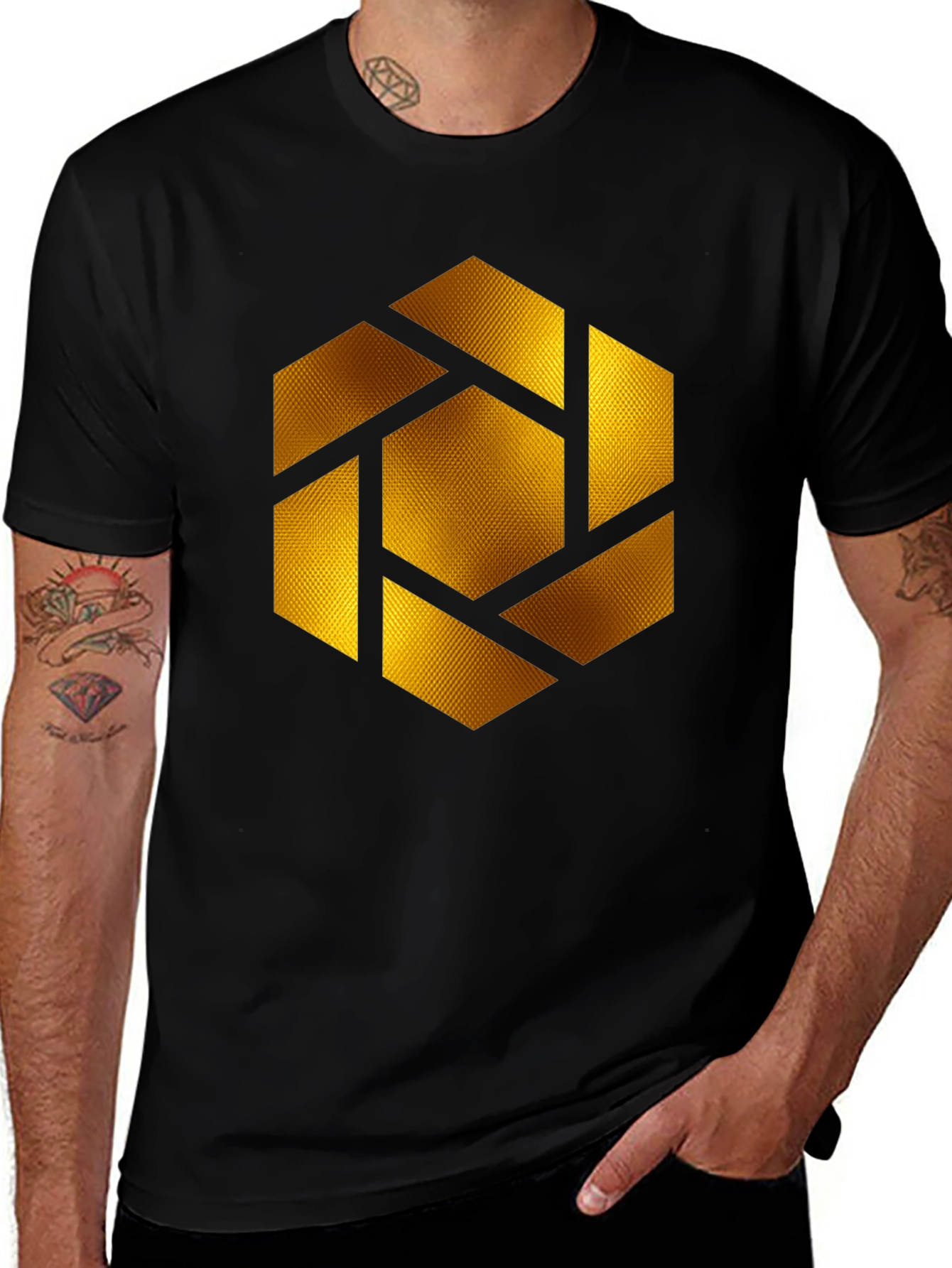 Geometric Gold Shutter Graphic Black T-Shirt