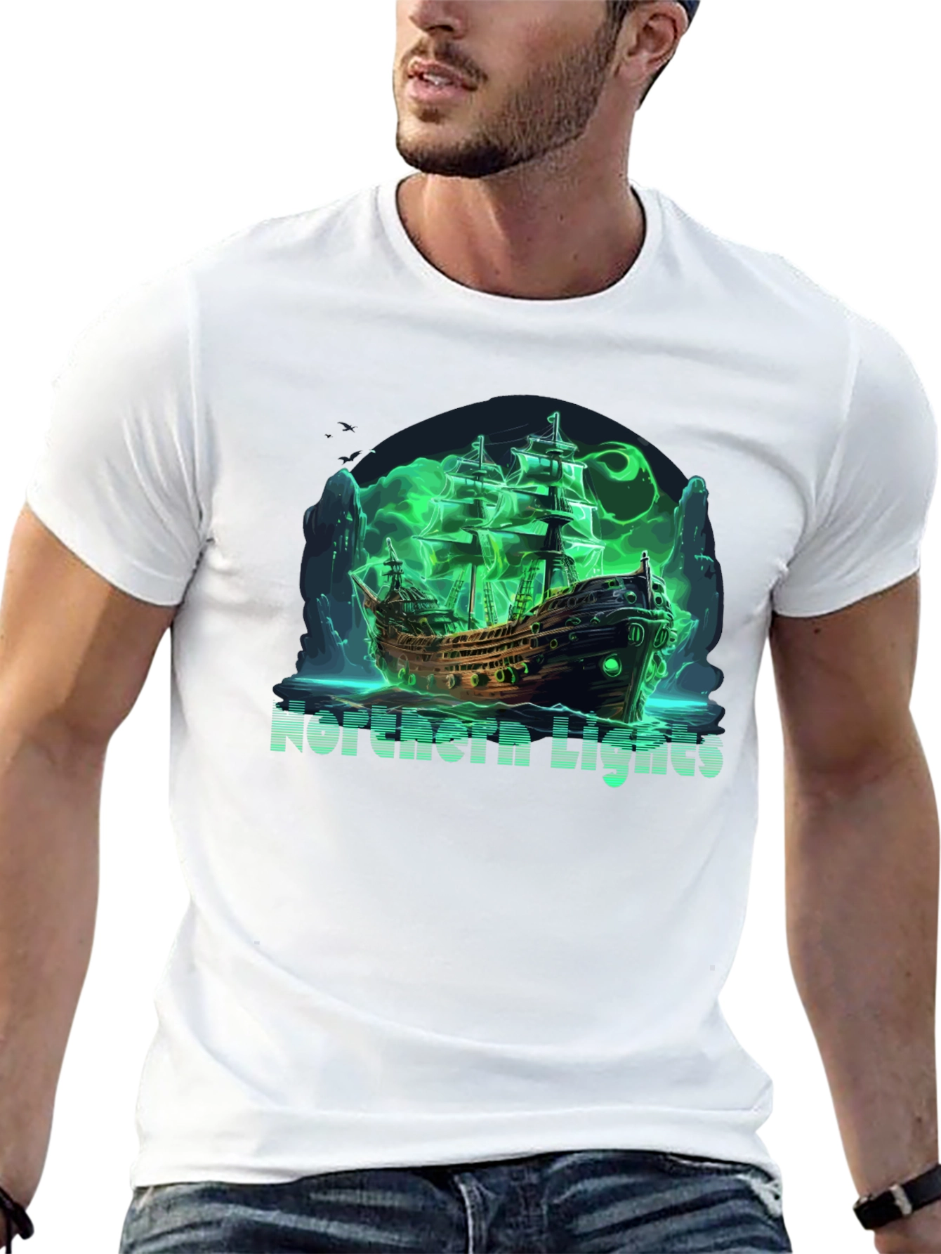 Northern Lights Ghost Ship Black T-Shirt