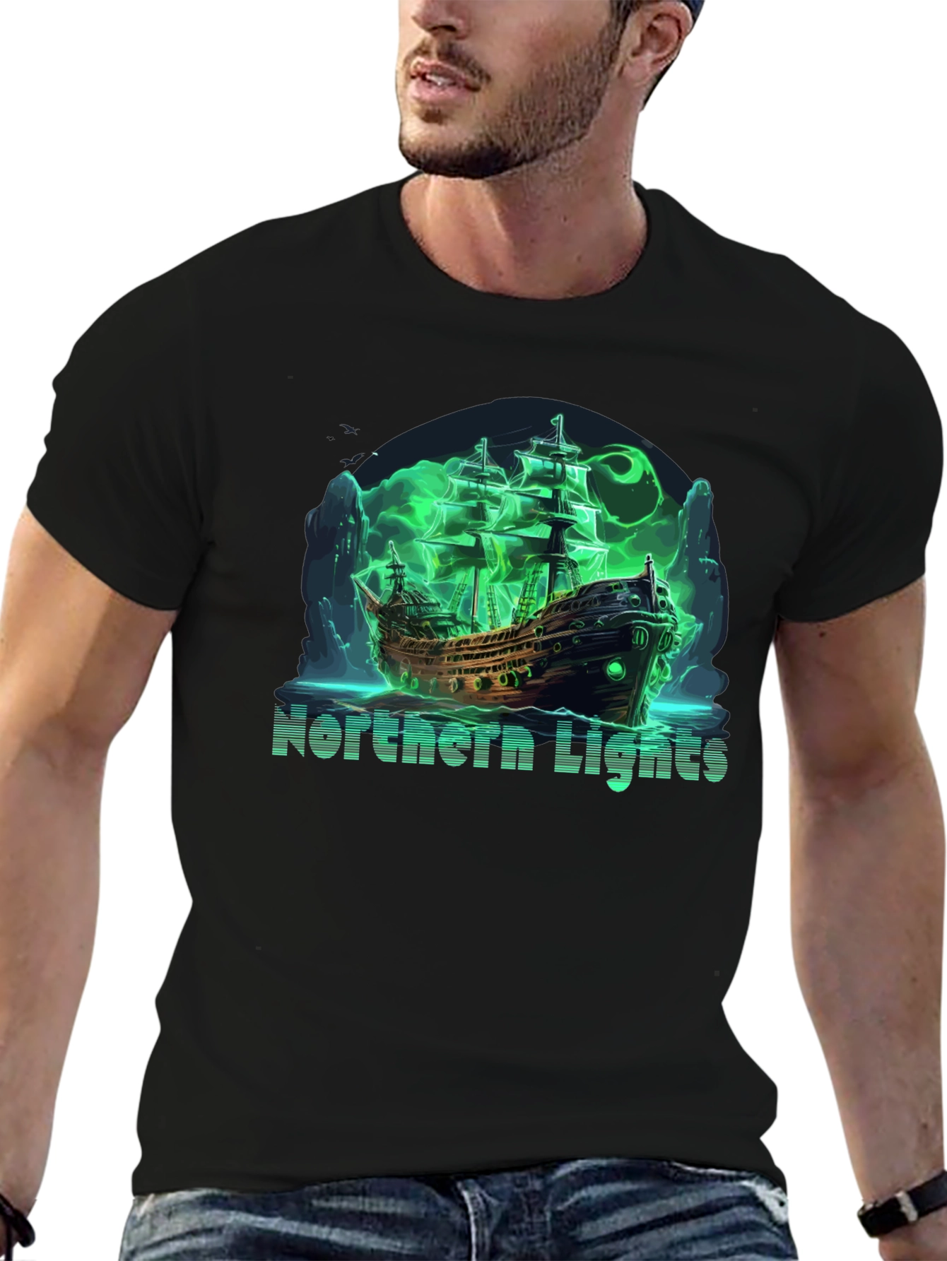 Northern Lights Ghost Ship Black T-Shirt