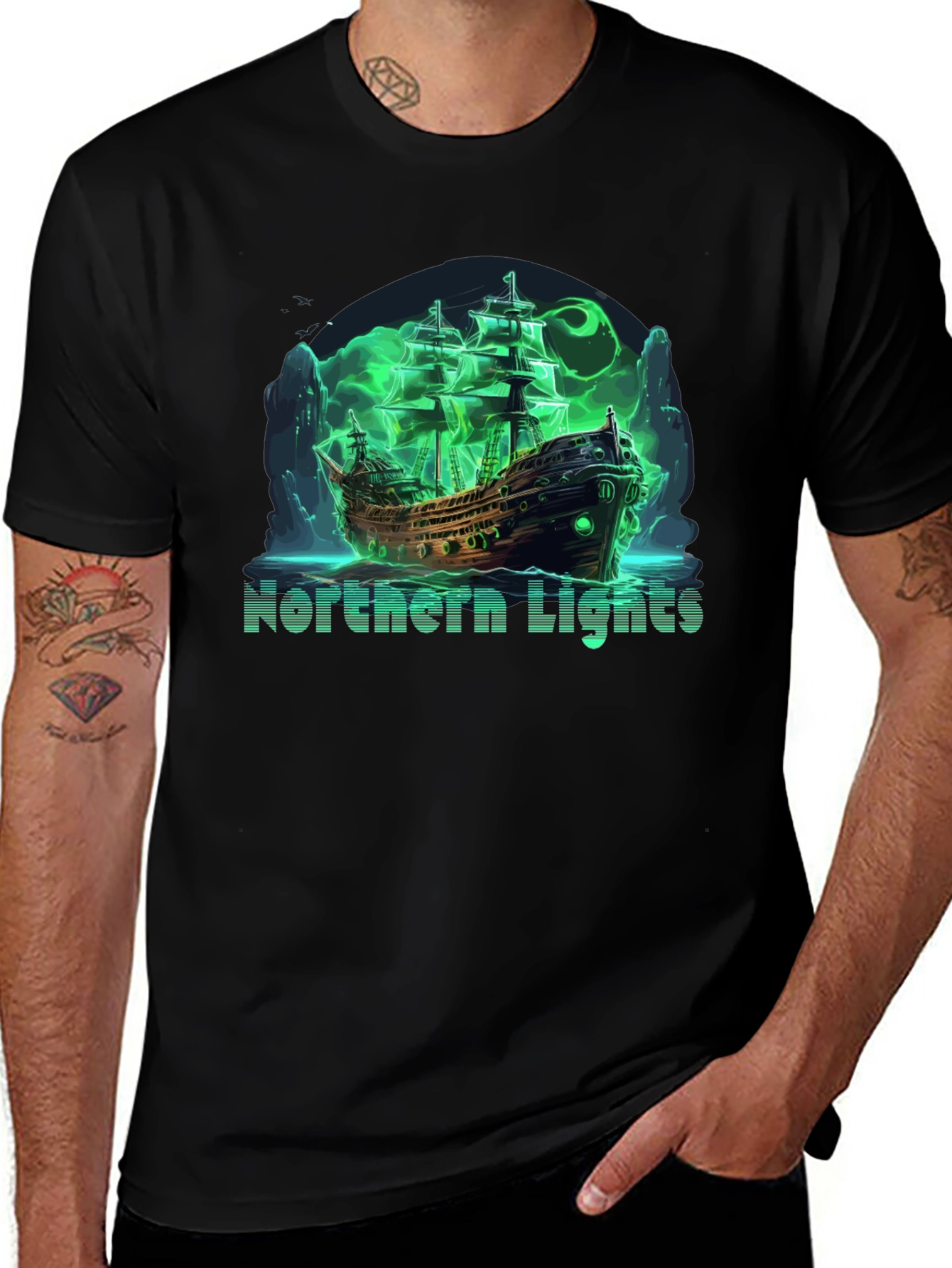 Northern Lights Ghost Ship Black T-Shirt