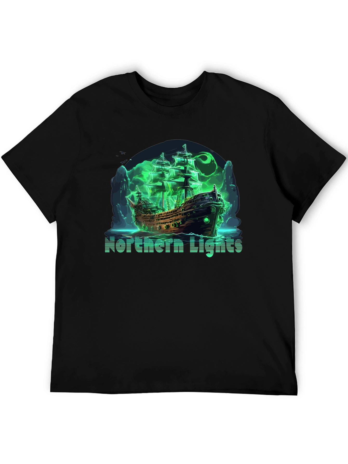 Northern Lights Ghost Ship Black T-Shirt