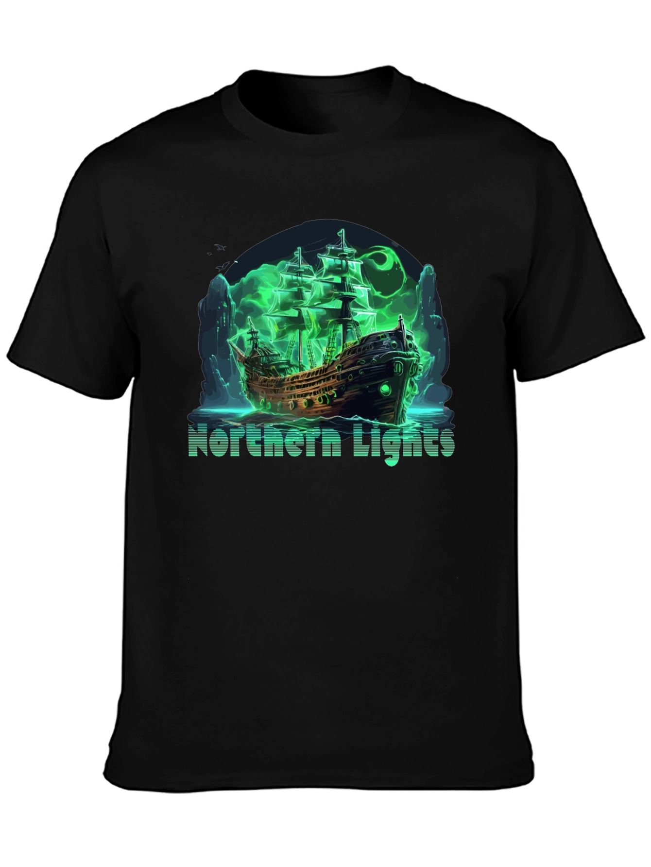 Northern Lights Ghost Ship Black T-Shirt