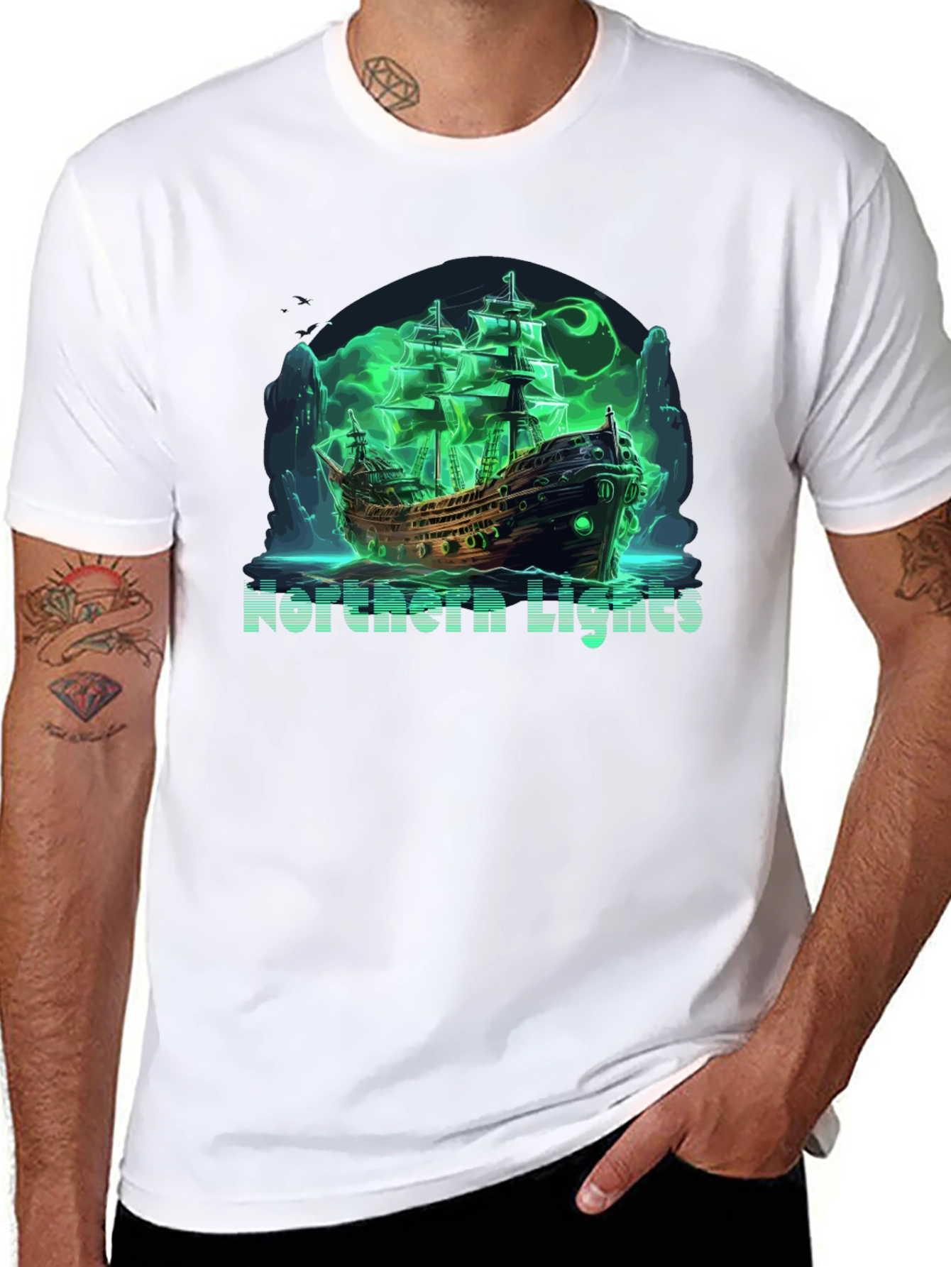 Northern Lights Ghost Ship Black T-Shirt