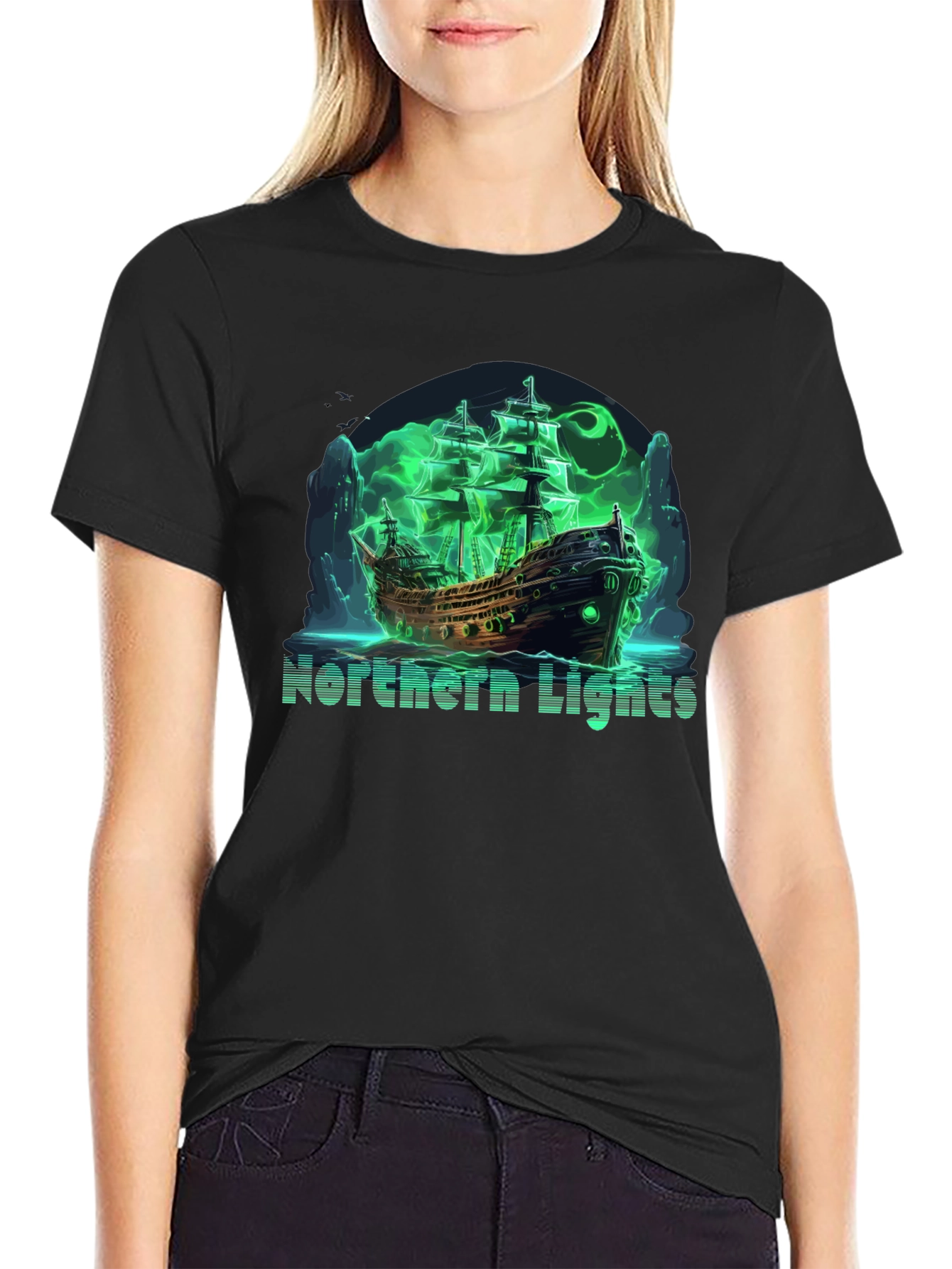 Northern Lights Ghost Ship Black T-Shirt