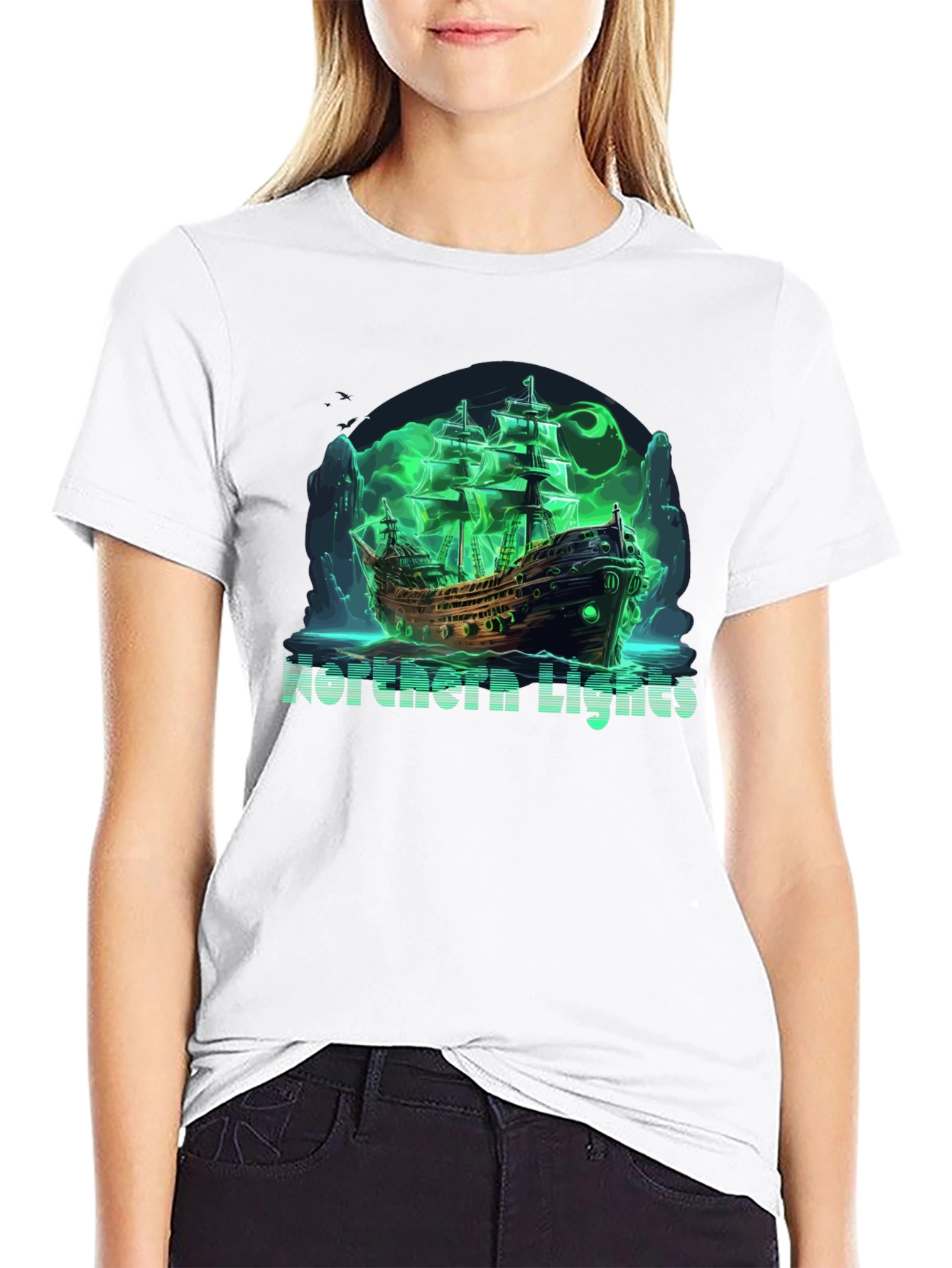 Northern Lights Ghost Ship Black T-Shirt