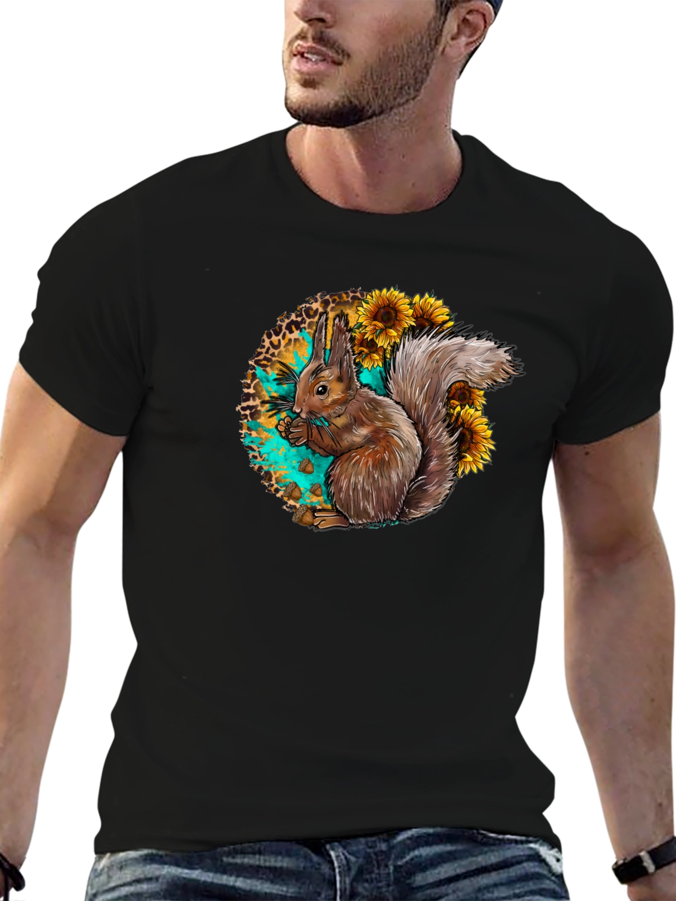 Squirrel & Sunflower Graphic Tee - Mens Black T-Shirt