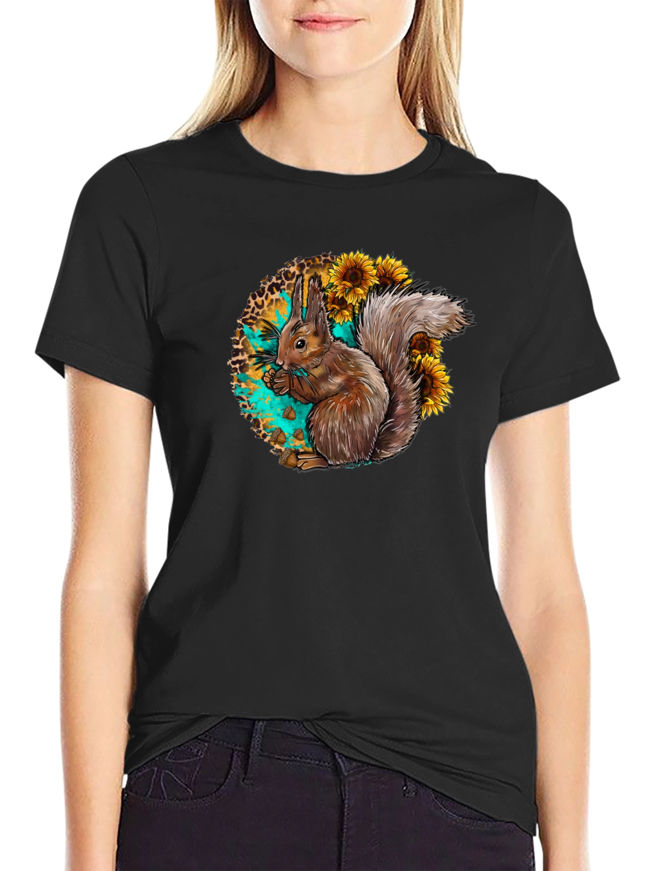 Squirrel & Sunflower Graphic Tee - Mens Black T-Shirt