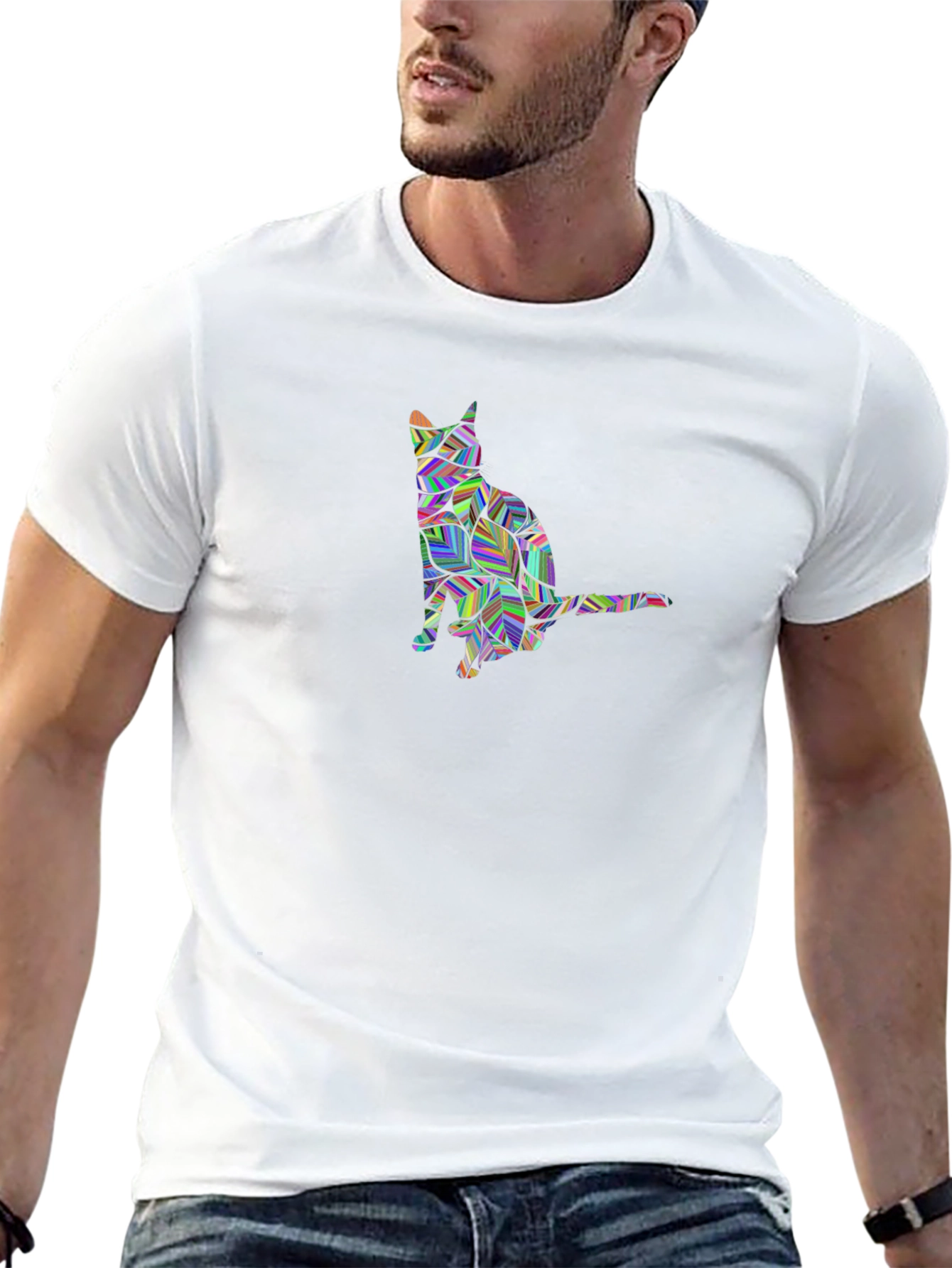 Geometric Cat Graphic Black T-Shirt