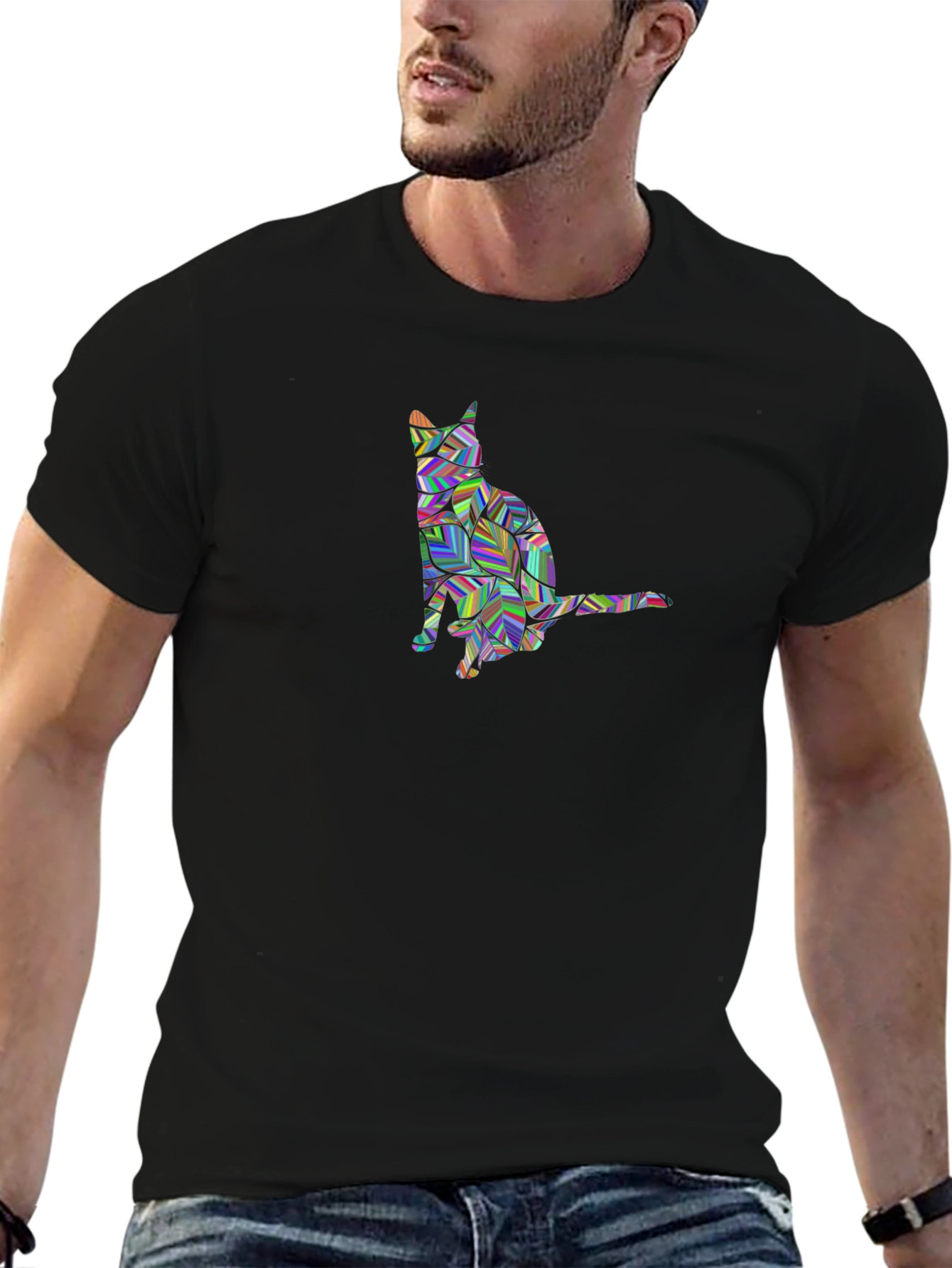 Geometric Cat Graphic Black T-Shirt