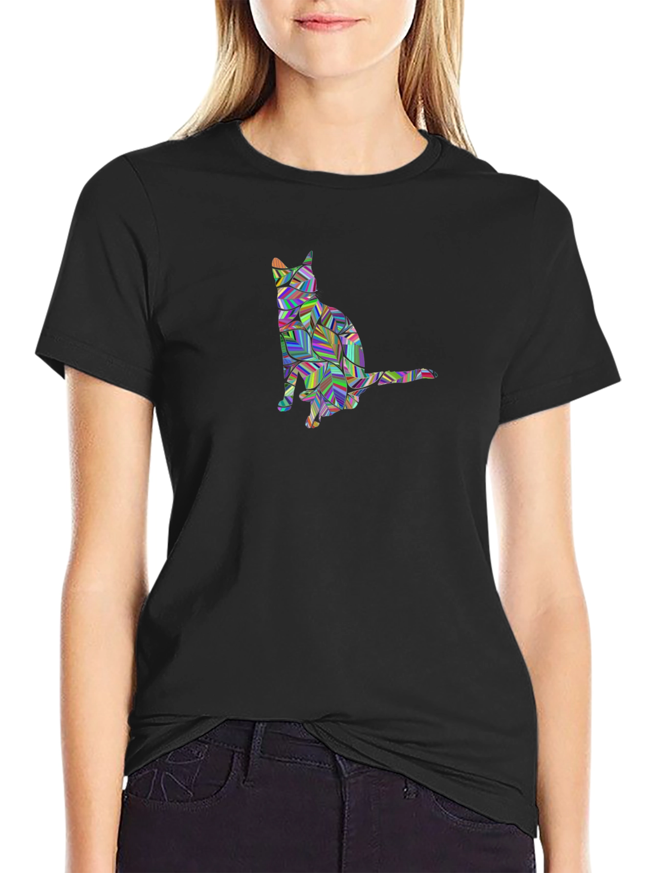 Geometric Cat Graphic Black T-Shirt