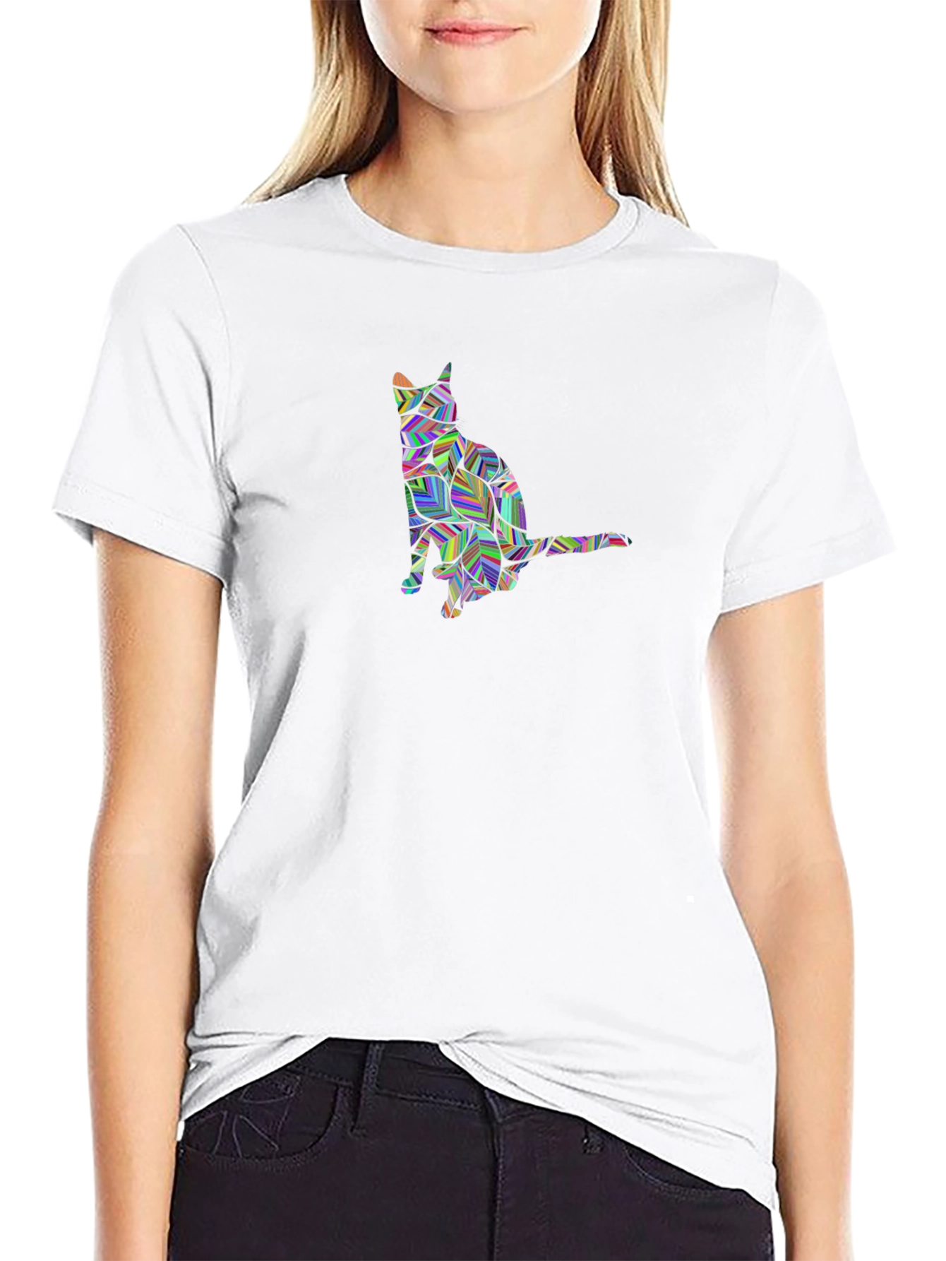Geometric Cat Graphic Black T-Shirt