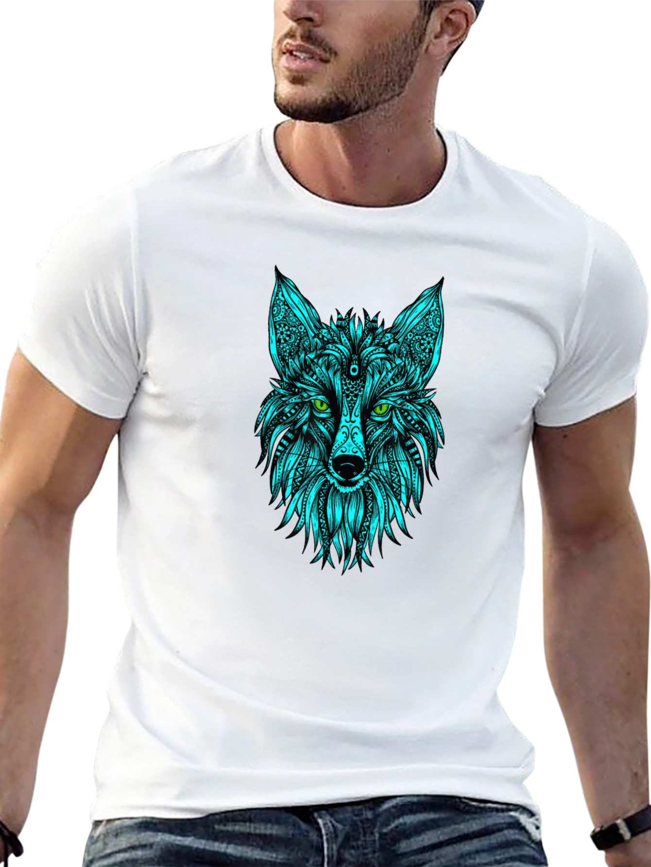 Geometric Wolf Head T-Shirt - Black