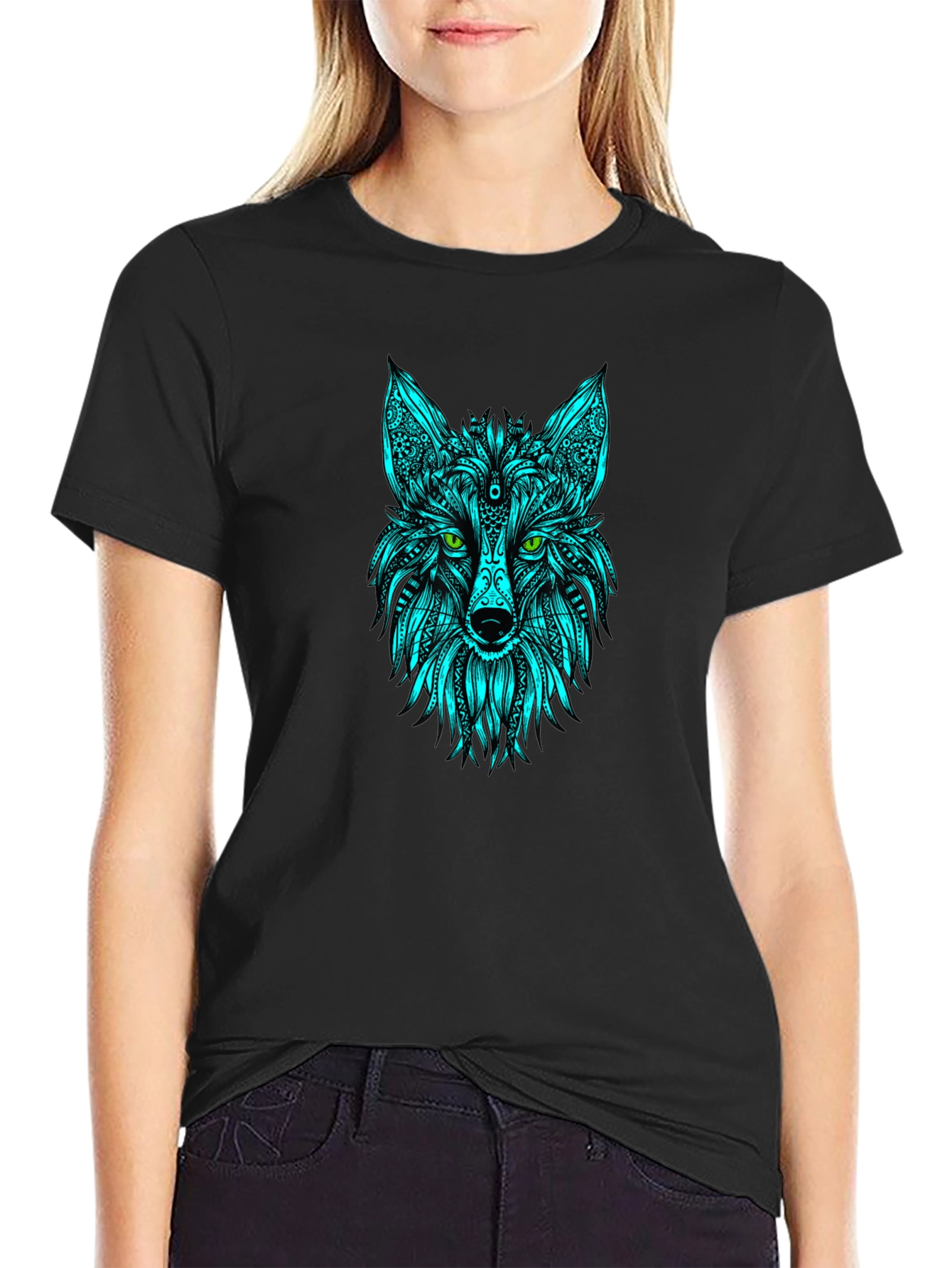 Geometric Wolf Head T-Shirt - Black