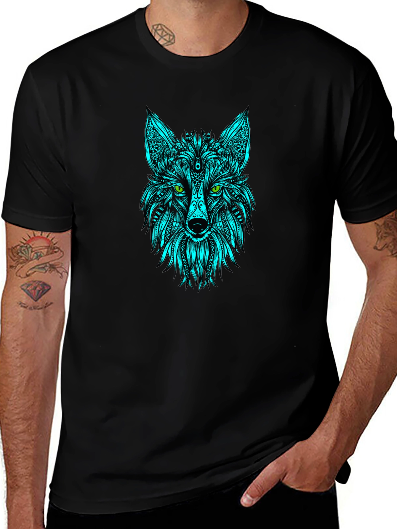 Geometric Wolf Head T-Shirt - Black
