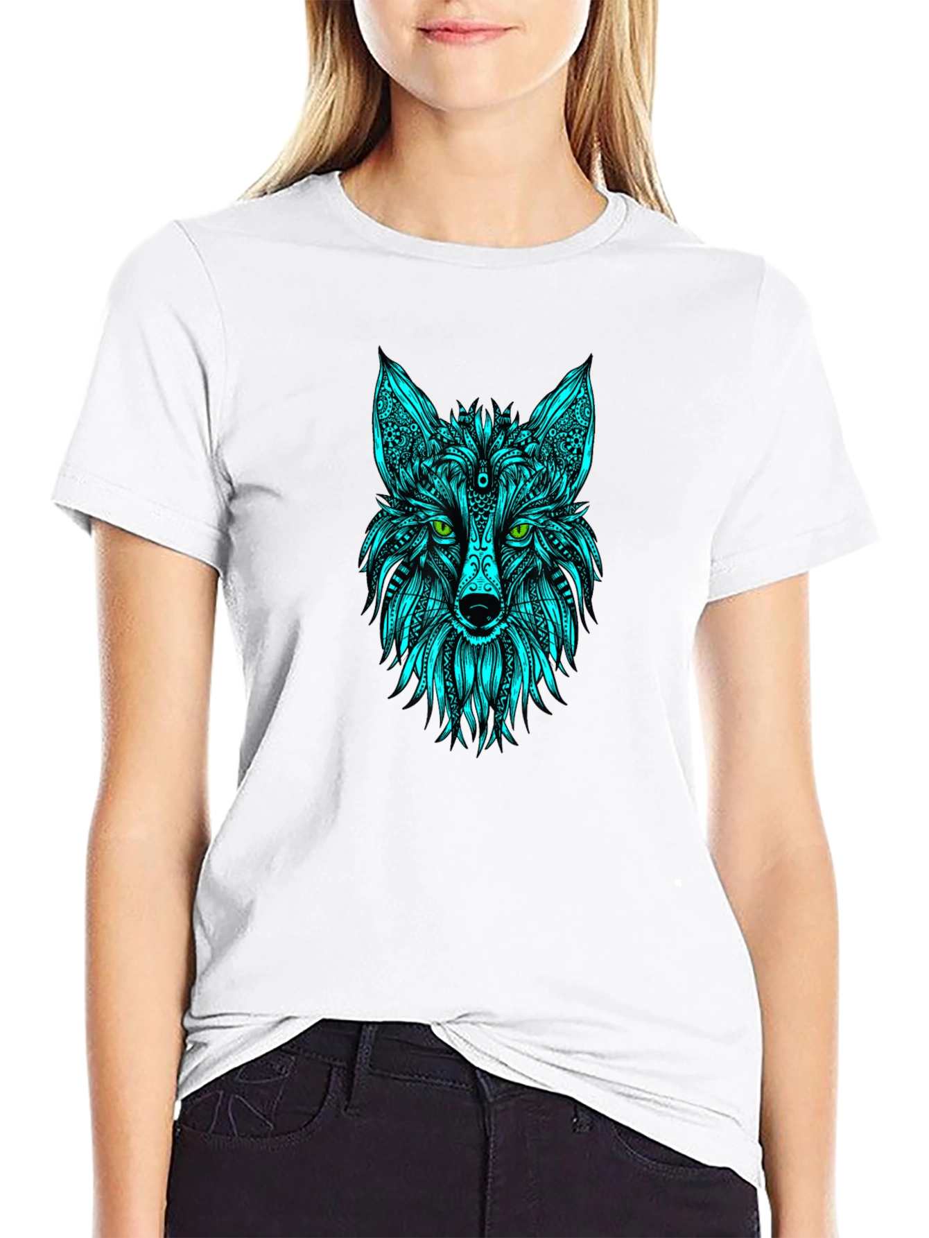 Geometric Wolf Head T-Shirt - Black