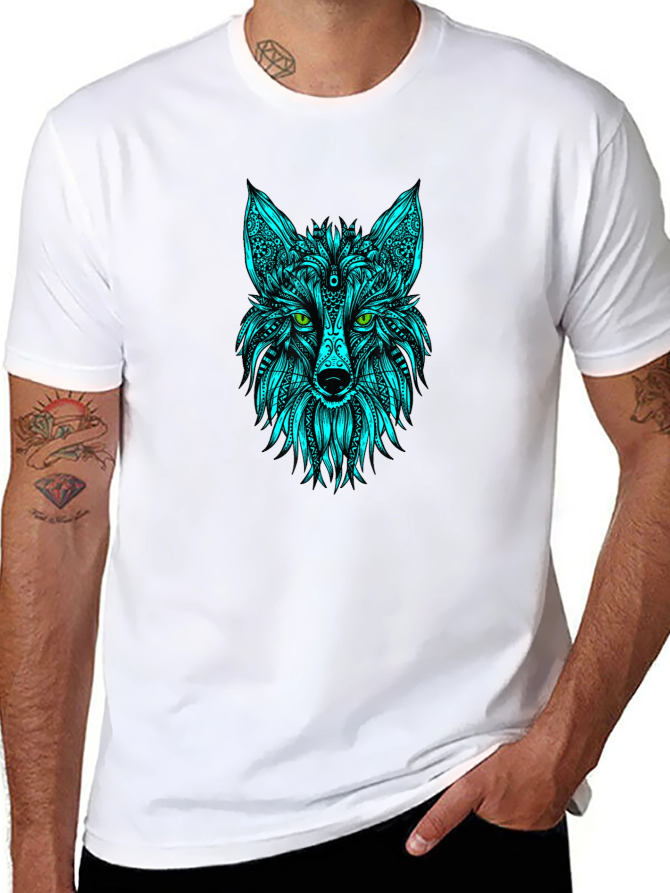 Geometric Wolf Head T-Shirt - Black
