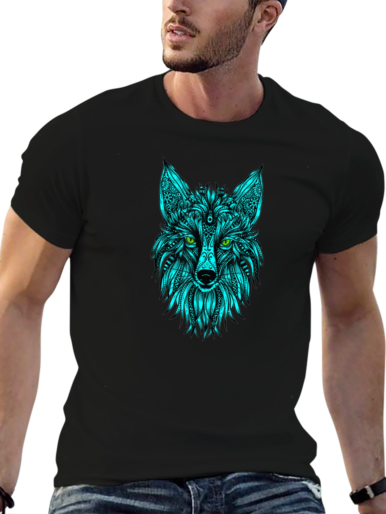 Geometric Wolf Head T-Shirt - Black