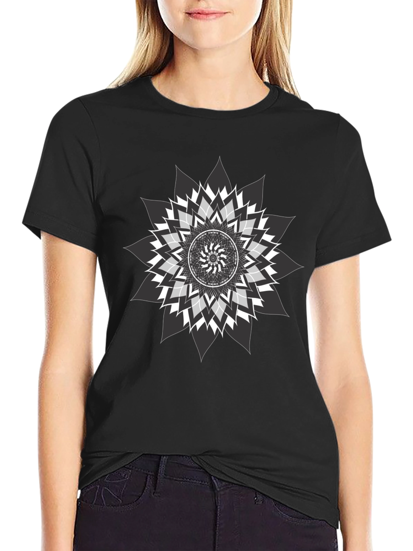 Geometric Mandala Graphic Print Black Tee