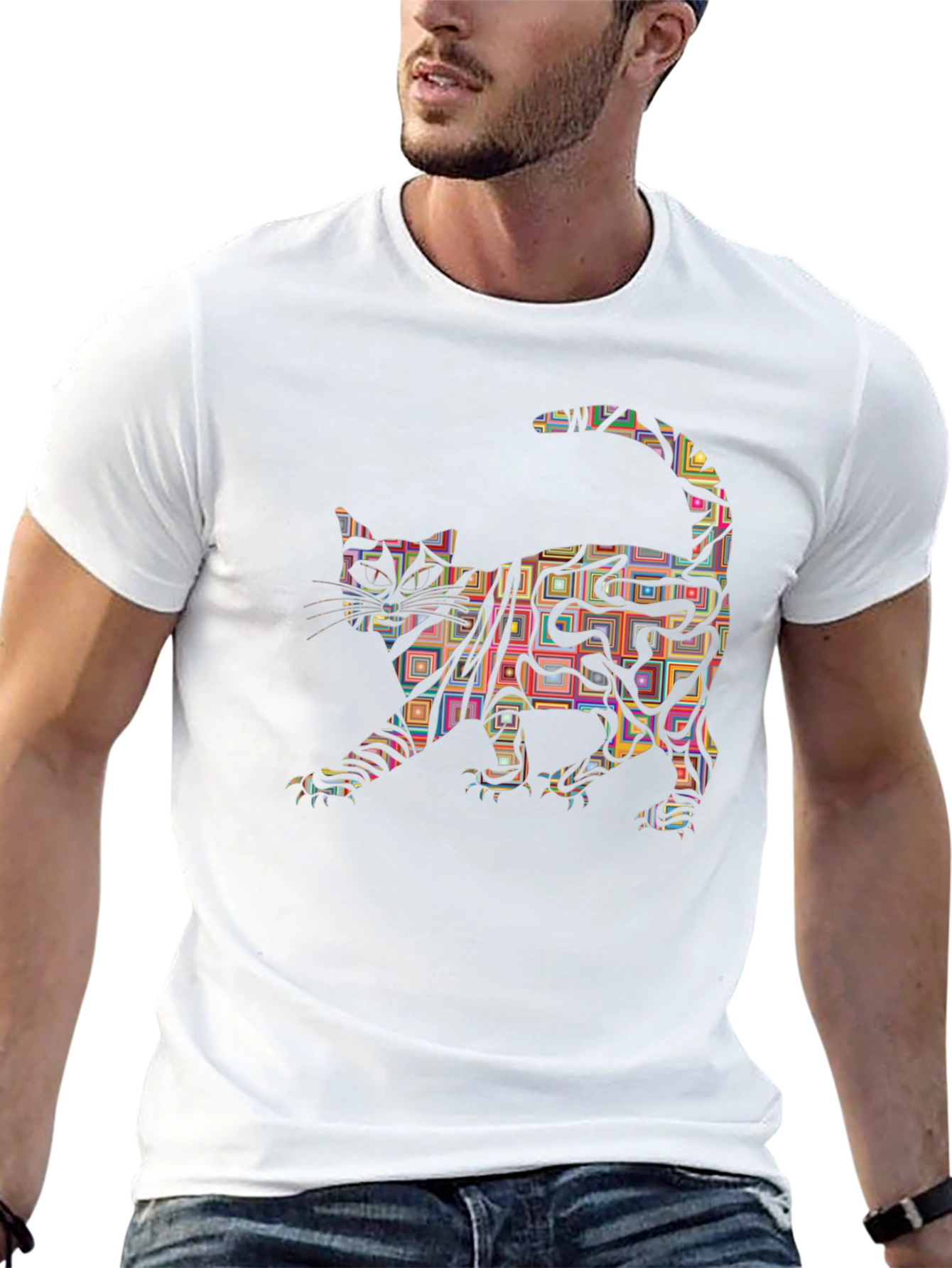 Abstract Cat Graphic Tee - Modern Mens T-Shirt