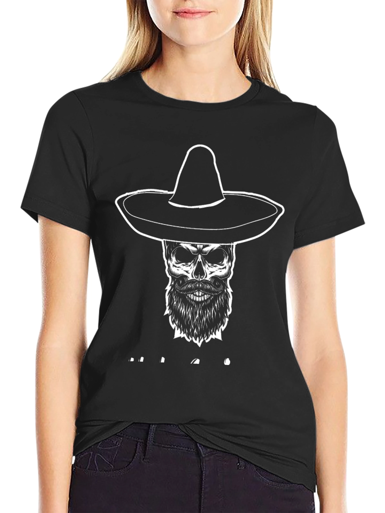 Skull in Sombrero Graphic T-Shirt - Black
