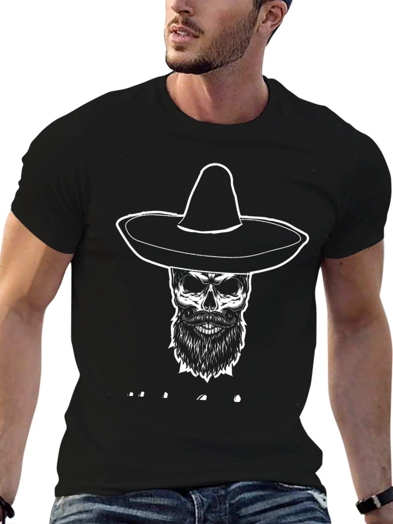 Skull in Sombrero Graphic T-Shirt - Black