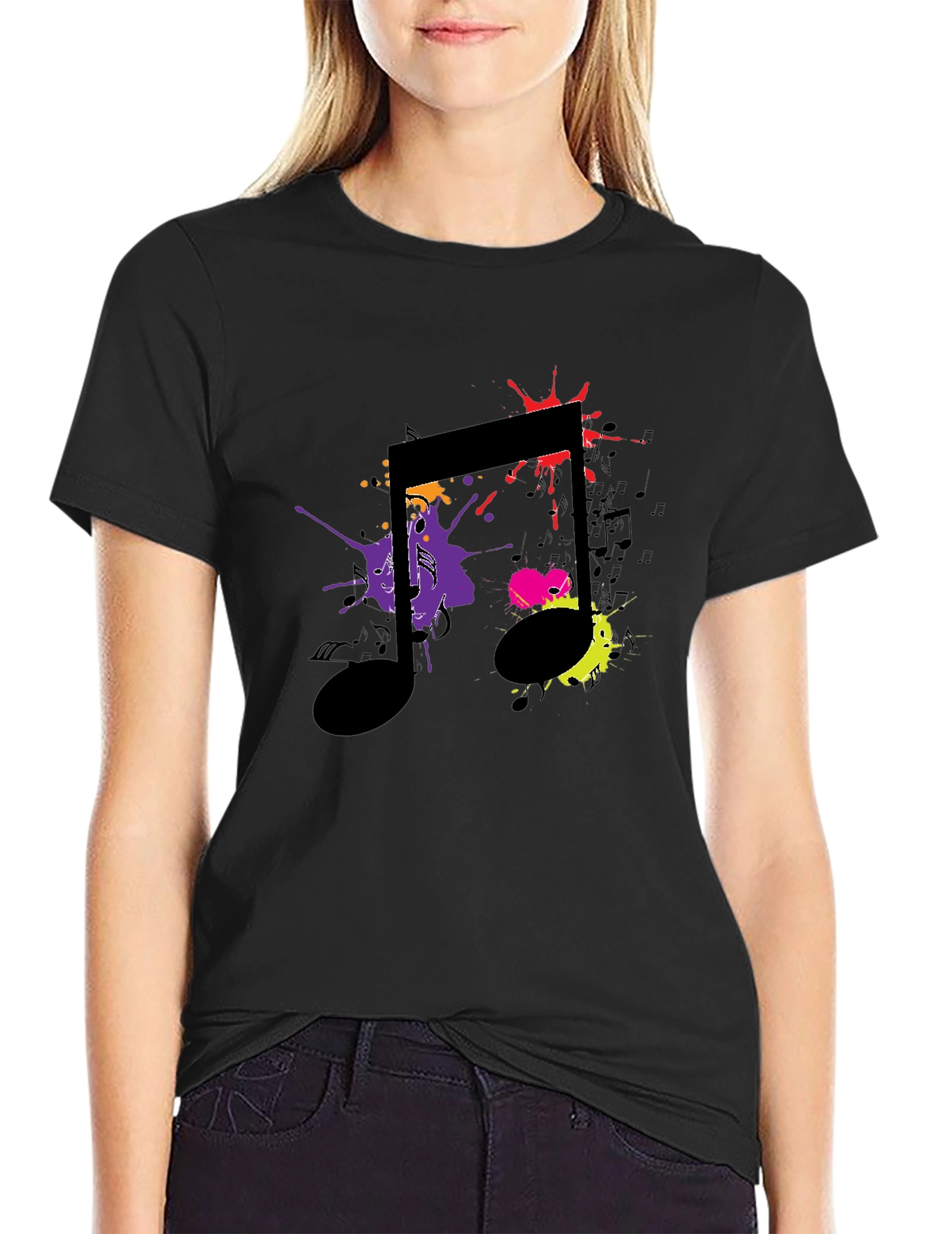 Musical Note Splatter Graphic Black T-Shirt