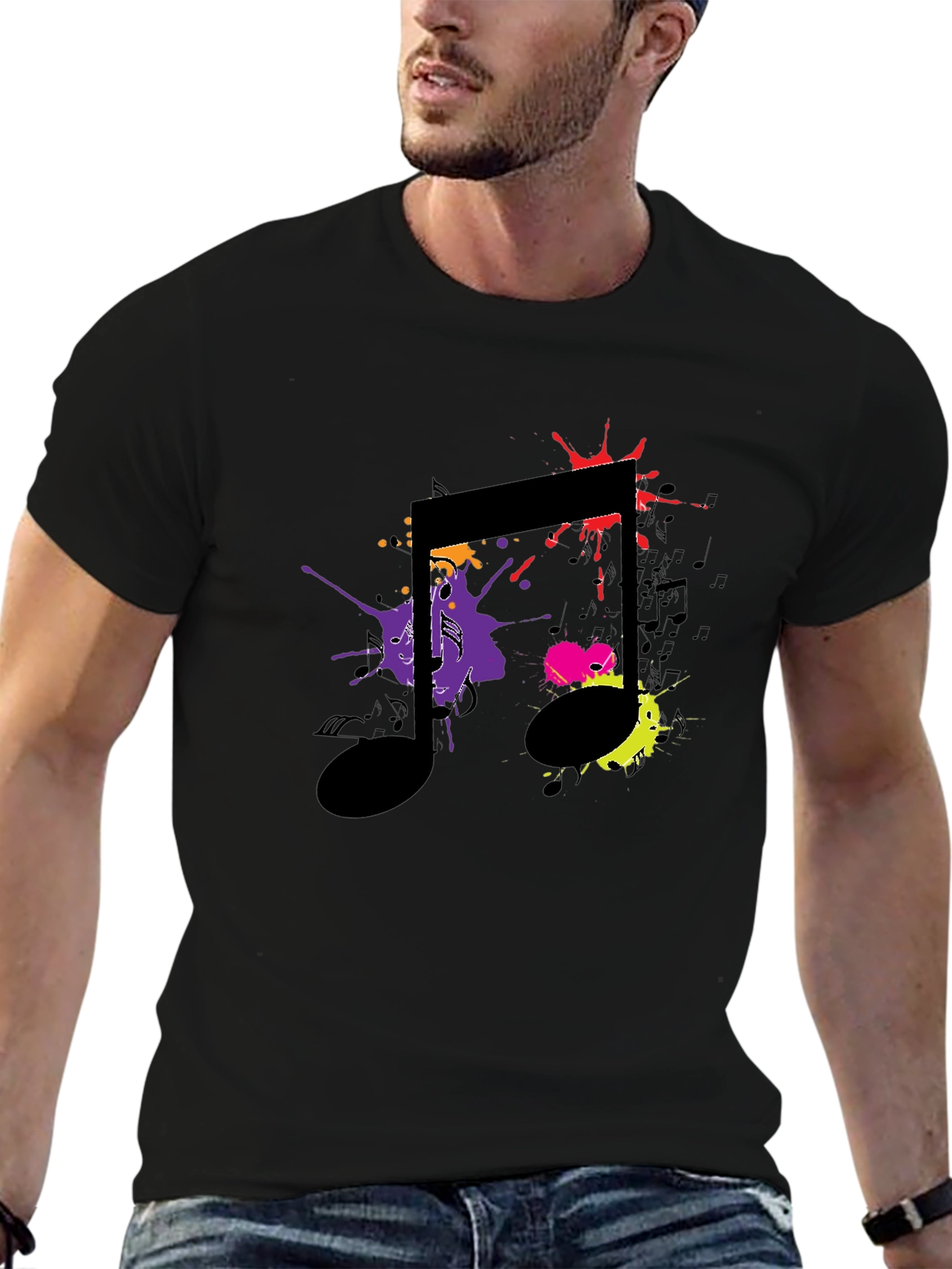 Musical Note Splatter Graphic Black T-Shirt