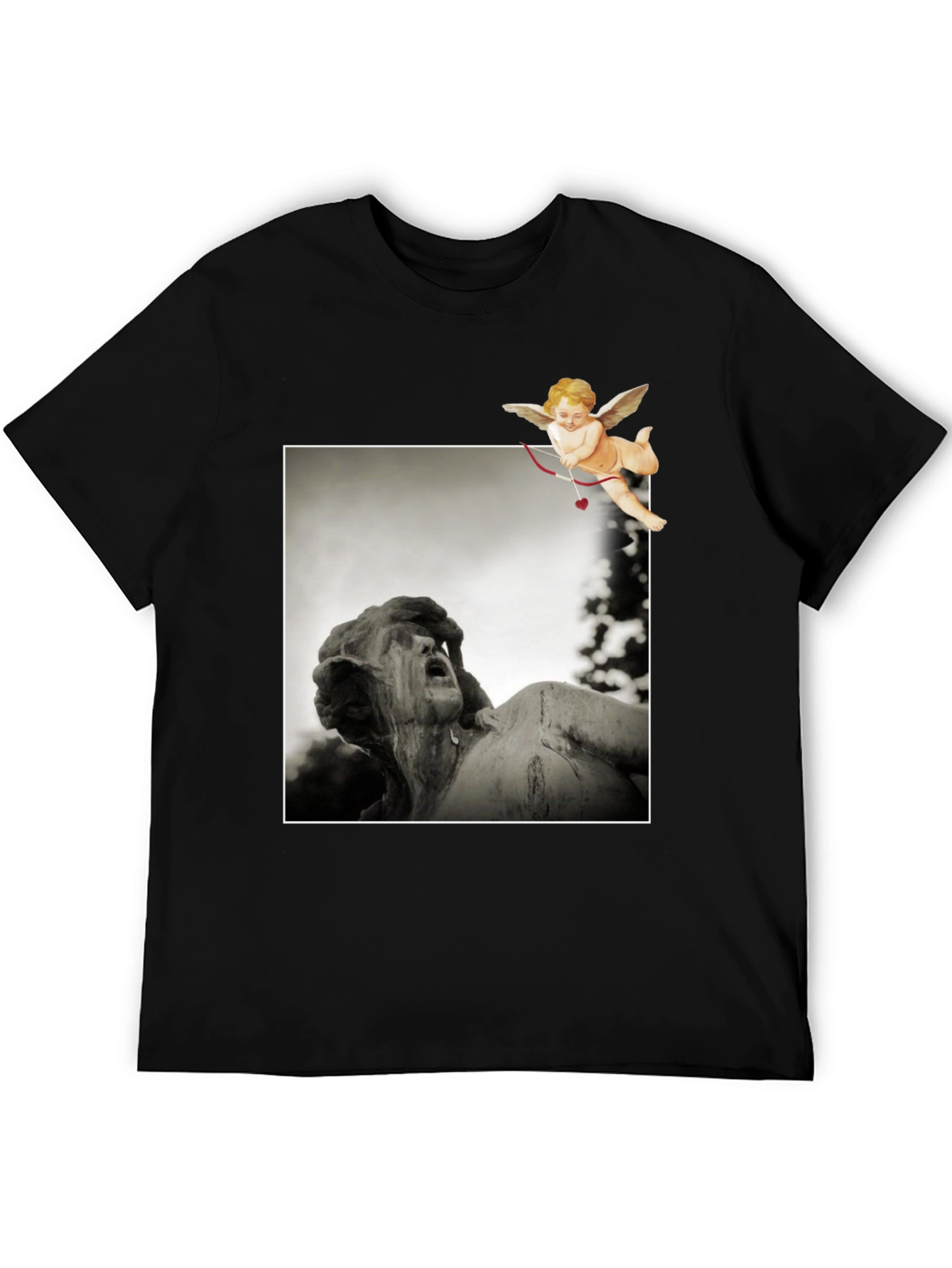 Statue & Cupid Graphic Tee - Artistic Black T-Shirt
