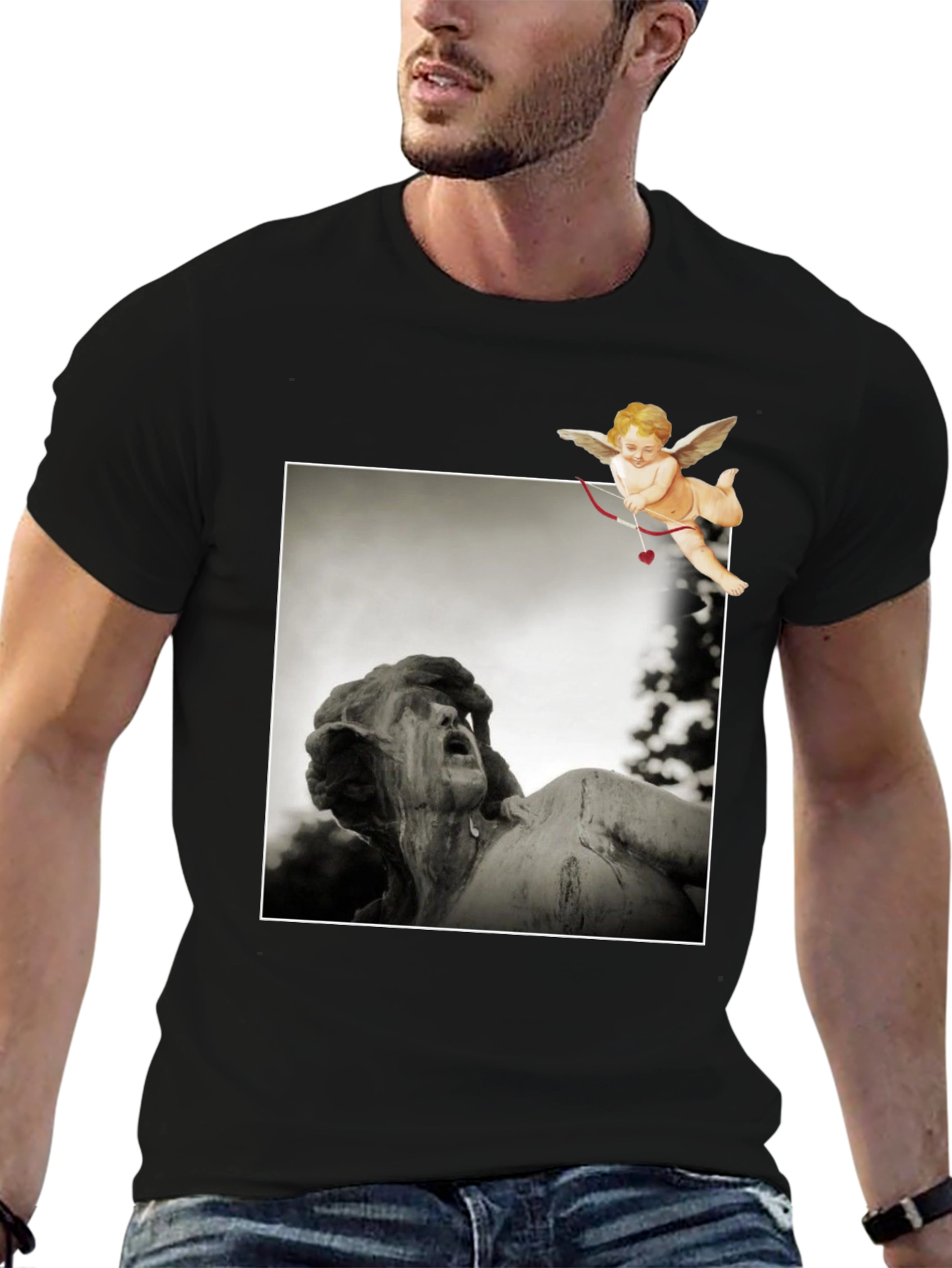 Statue & Cupid Graphic Tee - Artistic Black T-Shirt