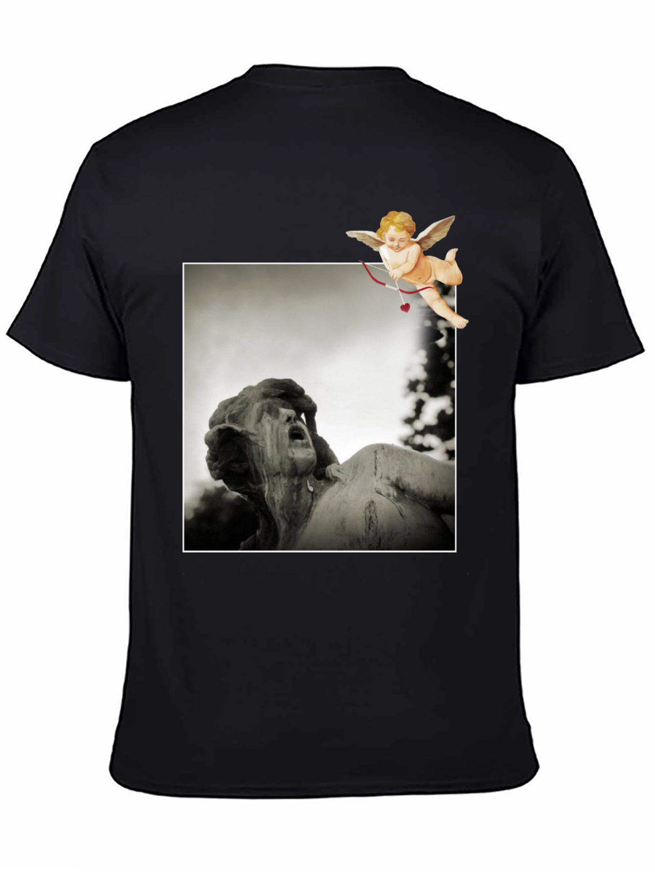 Statue & Cupid Graphic Tee - Artistic Black T-Shirt