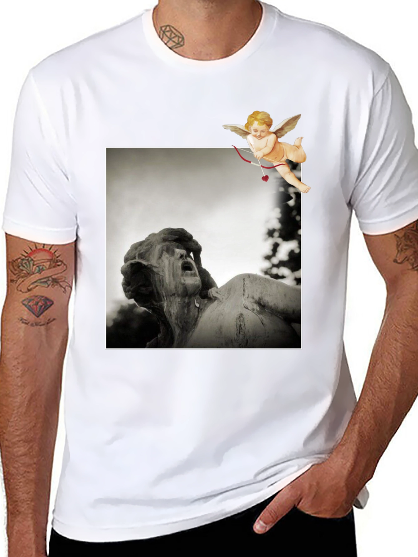 Statue & Cupid Graphic Tee - Artistic Black T-Shirt