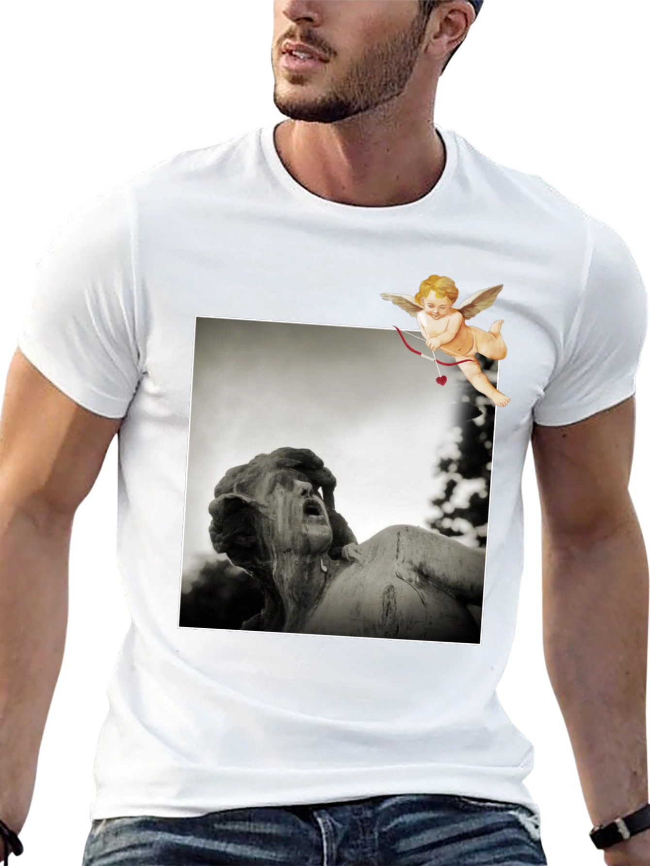 Statue & Cupid Graphic Tee - Artistic Black T-Shirt