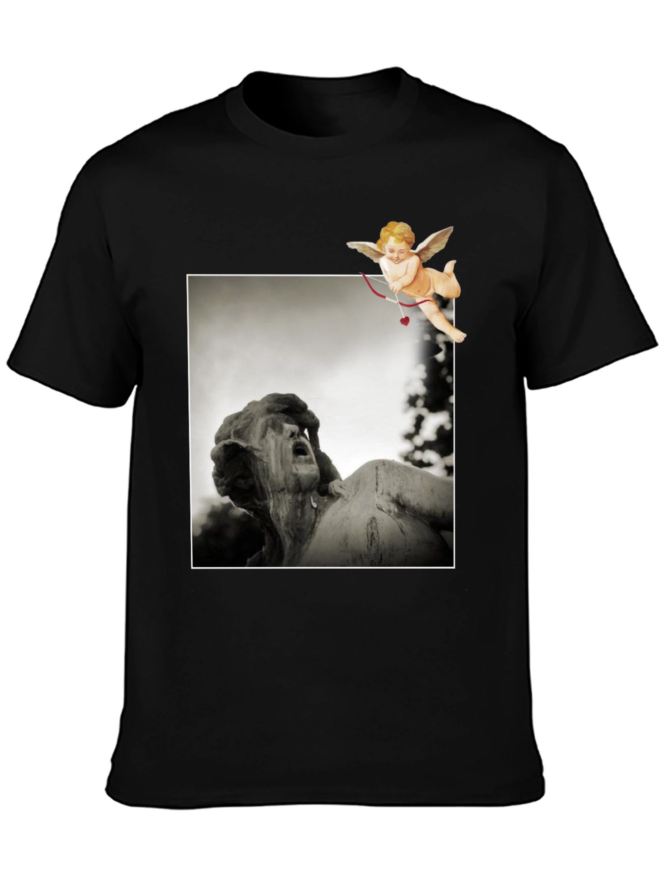 Statue & Cupid Graphic Tee - Artistic Black T-Shirt