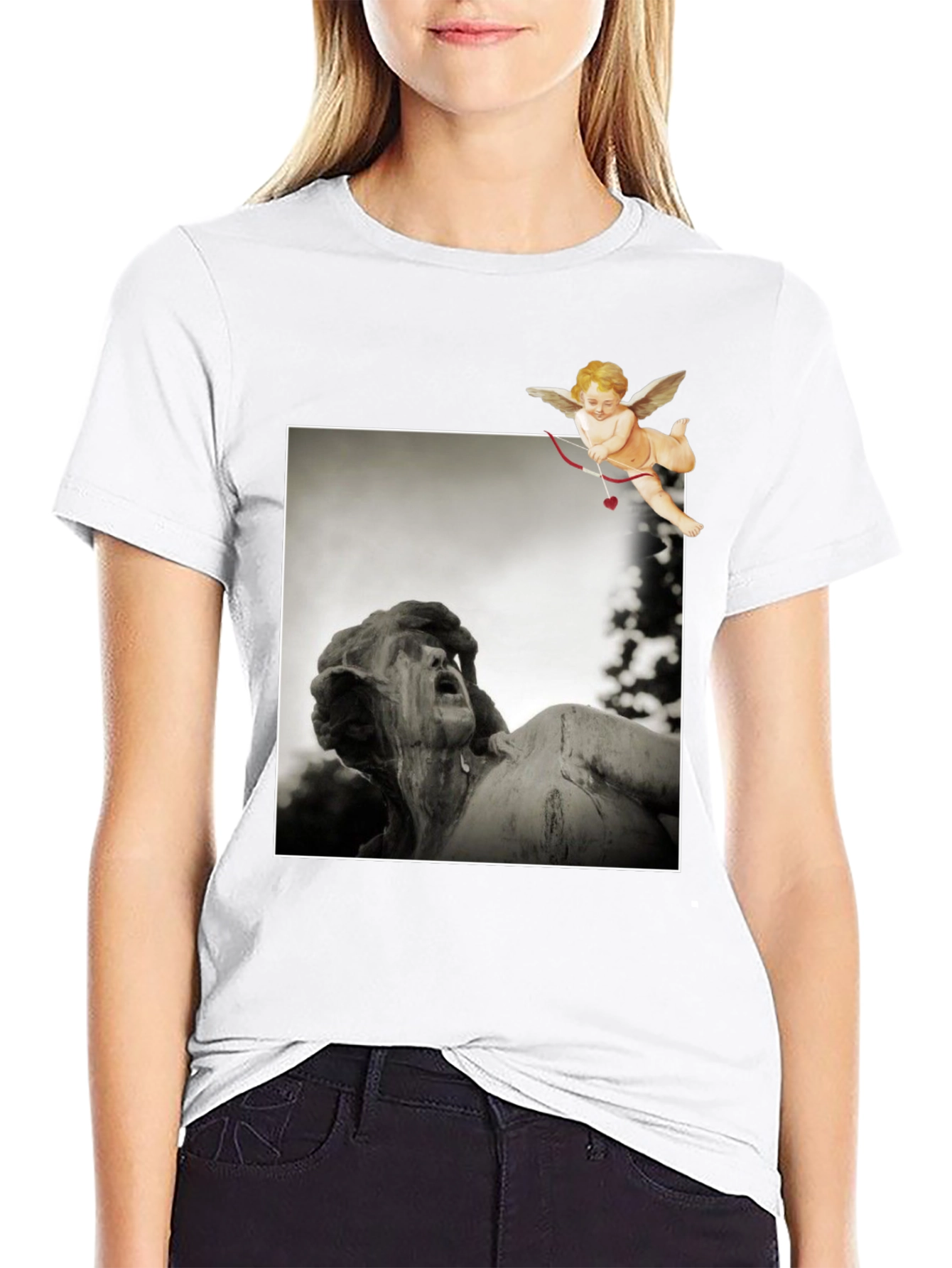 Statue & Cupid Graphic Tee - Artistic Black T-Shirt