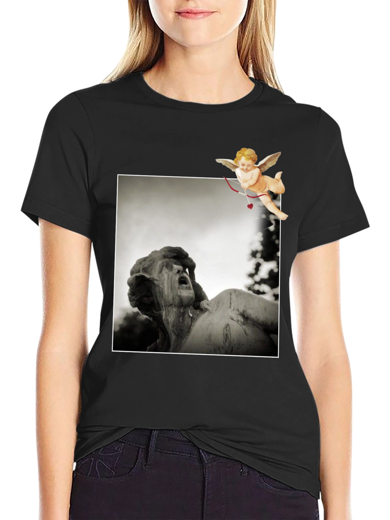 Statue & Cupid Graphic Tee - Artistic Black T-Shirt
