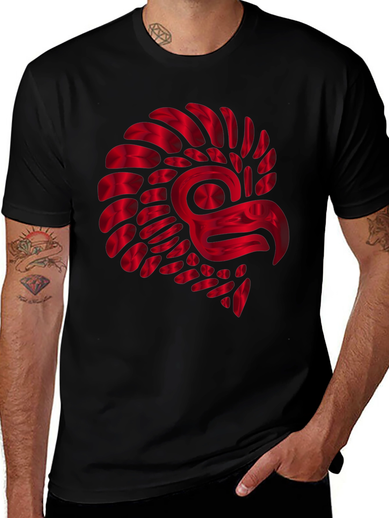 Red Metallic Eagle Design Black T-Shirt