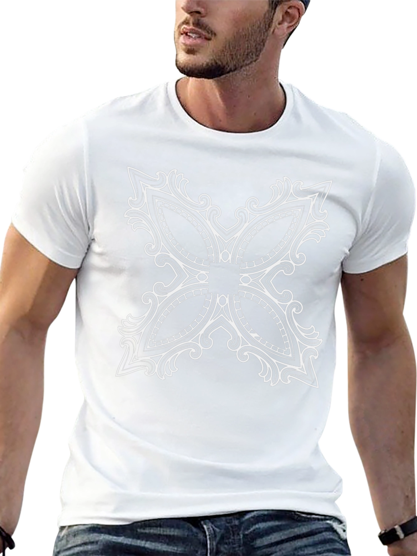 Black T-Shirt with Ornate White Floral Design