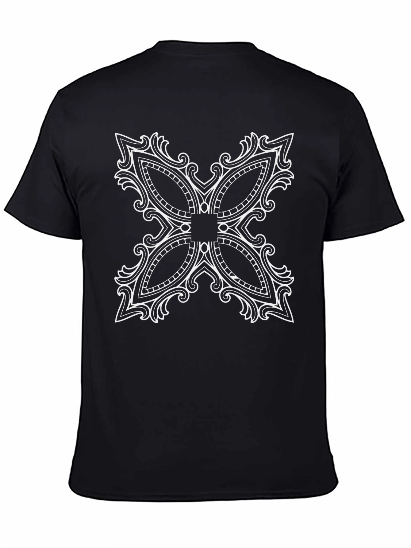 Black T-Shirt with Ornate White Floral Design