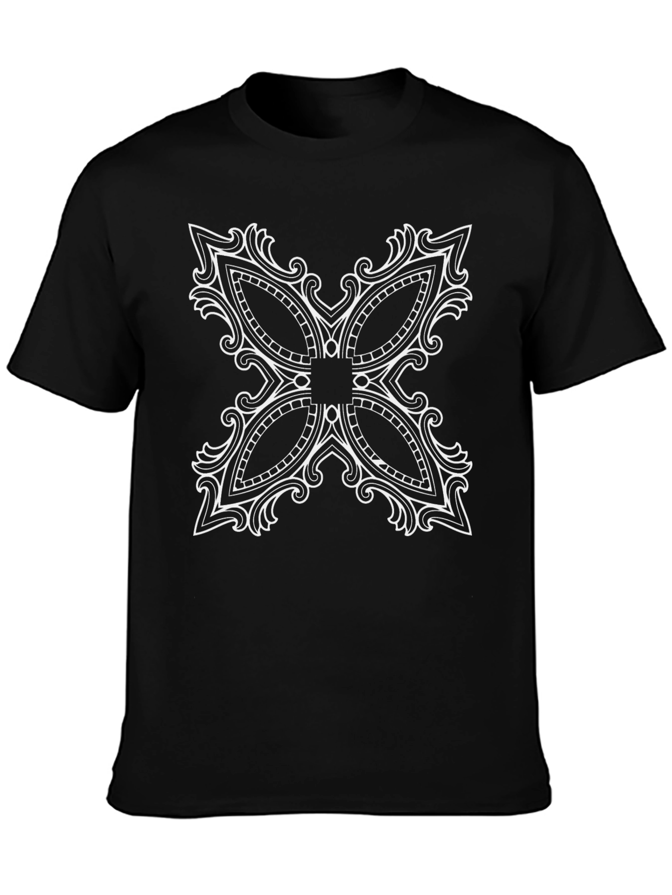Black T-Shirt with Ornate White Floral Design