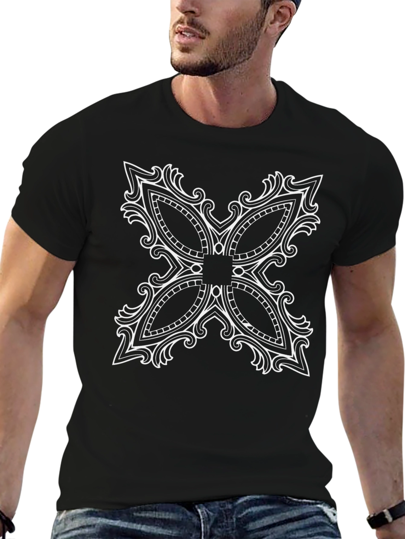 Black T-Shirt with Ornate White Floral Design