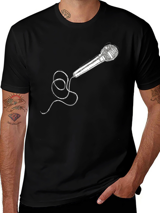 Microphone Graphic Tee - Black Crew Neck Cotton T-Shirt