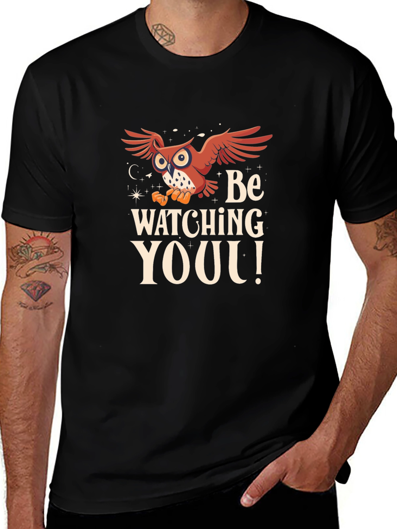 Owl Watching You Graphic Tee - Black