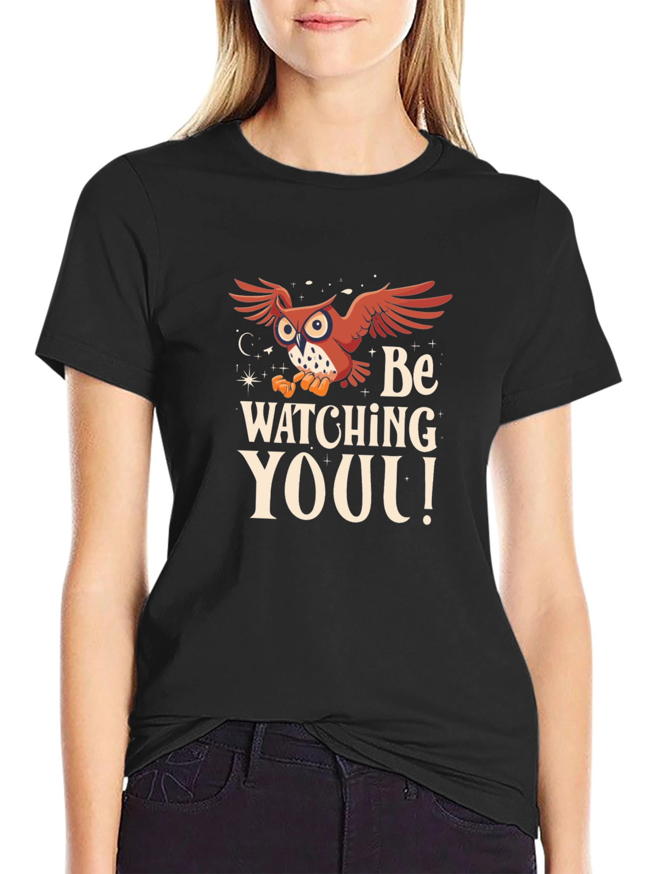 Owl Watching You Graphic Tee - Black